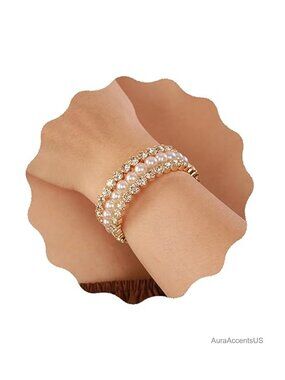 Layered Pearl Crystal Rhinestone Wrap Bracelet Cuff Bridal Jewelry Stretch